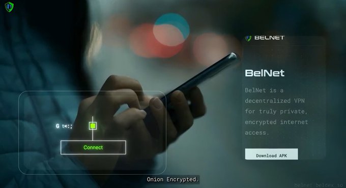 BelNet VPN promotional website showing a person using a smartphone with an overlay 'Connect' interface button, text describing BelNet as a 'decentralized VPN for truly private, encrypted internet access' with a 'Download APK' button, labeled 'Onion Encrypted'.