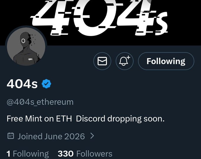 The image features a Twitter post with a caption that reads " EARLY ALPHA @ 404s by @swipe404 - Free mint on eth - Keep your notif's on -Discord opening soon". The post appears to be related to an upcoming release of a new cryptocurrency, as indicated by the hashtag # 404s. The post also mentions that followers can follow the post for more information about the project and its progress.