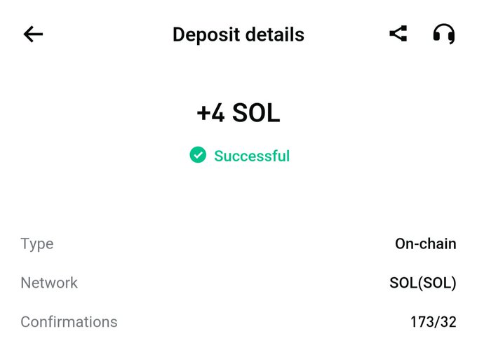 The image is a deposit confirmation screen showing a successful **+4 SOL** on-chain transaction on the SOL network with 173/32 confirmations. It relates to the post by providing visual proof of earning 4 SOL for a day of work, as mentioned in the caption.