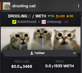 A crypto token listing showing "drooling cat" (DROOLING/WETH) with metrics like 1h, #29, and #30, displaying three drooling cats and prices of $0.03468 USD and 0.00071935 WETH.