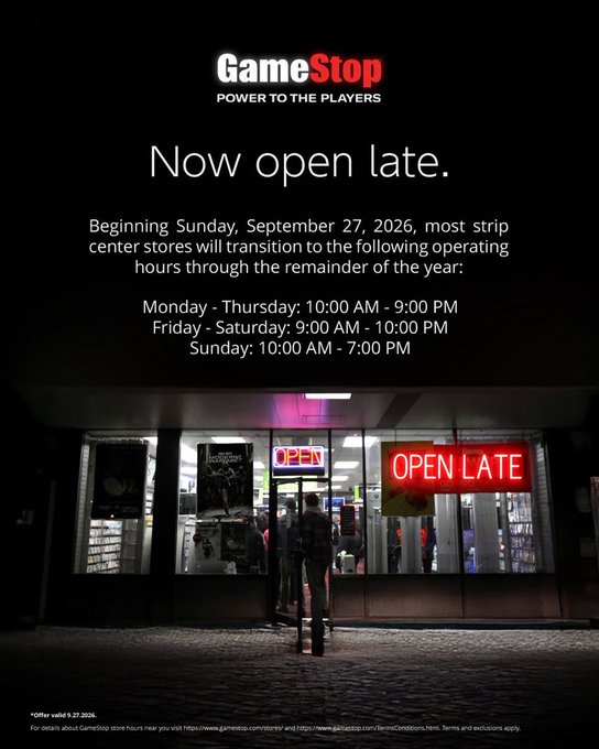 A GameStop advertisement announcing new late operating hours effective September 27, 2026, displayed over an image of a storefront with an 'OPEN LATE' neon sign.