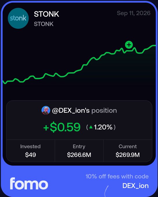 A screenshot from the 'fomo' app showing a token called 'STONK' with a rising green price chart, displaying an investor's position '@DEX_ion' with a profit of '+$0.59 (1.20%)' and an offer code 'DEX_ion'.