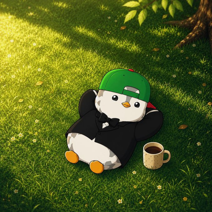 An adorable cartoon penguin wearing a green backwards cap and a black suit with a bow tie relaxes on green grass next to a coffee mug.