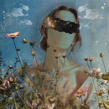 A woman stands in a field of wildflowers with a cosmic, starry black band covering her eyes against a dreamy, textured sky background.