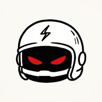 A cartoon-style illustration of a white astronaut helmet featuring a black lightning bolt symbol on the top and menacing glowing red eyes in the dark visor.