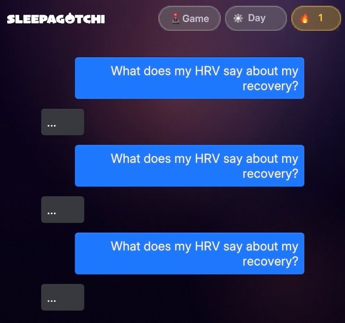 A Sleepagotchi app screenshot showing a chat interface where the user has asked 'What does my HRV say about my recovery?' three times with no responses yet.