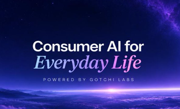 A promotional banner with a cosmic purple background reads 'Consumer AI for Everyday Life' in white and pink text, with 'POWERED BY GOTCHI LABS' below.