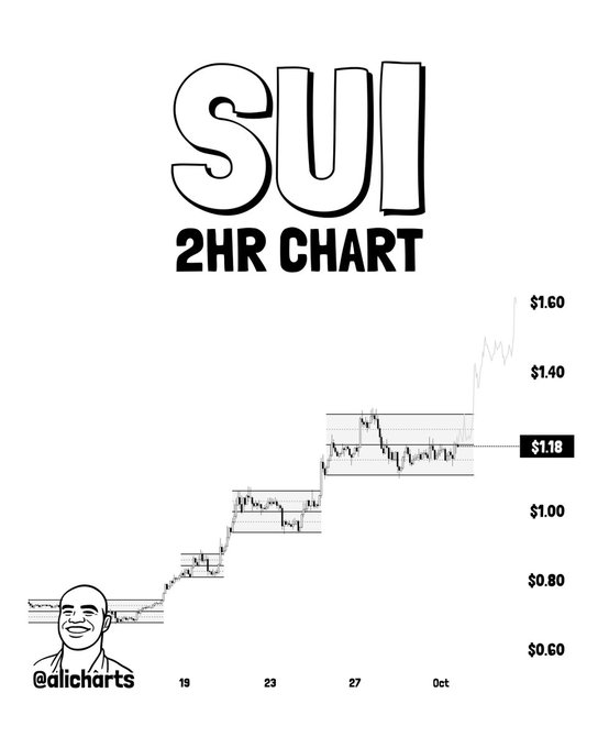 A 2-hour candlestick chart of the SUI cryptocurrency showing price action rising from around $0.60 in mid-September to approximately $1.60 in early October, with a current price level marked at $1.18, illustrating the recurring pattern of consolidation within parallel channels followed by upward breakouts referenced in the caption.