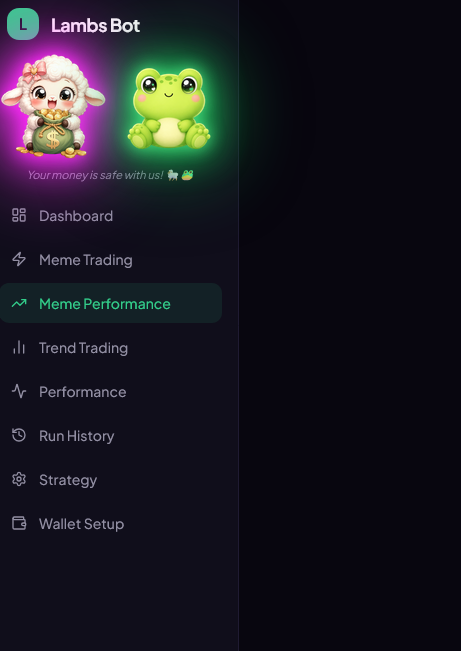 A screenshot of the 'Lambs Bot' app showing a navigation menu with options including Dashboard, Meme Trading, Meme Performance (highlighted), Trend Trading, Performance, Run History, Strategy, and Wallet Setup, featuring cartoon sheep and frog mascots with the tagline 'Your money is safe with us!'