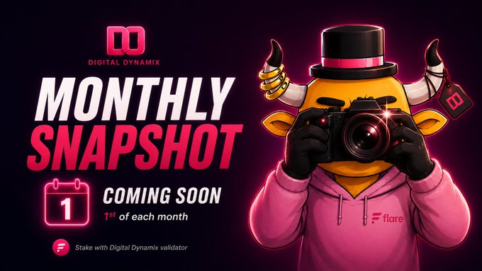 A promotional graphic for 'Digital Dynamix' announcing a 'Monthly Snapshot' coming on the 1st of each month, featuring a yellow horned character in a pink hoodie holding a camera, with Flare branding.
