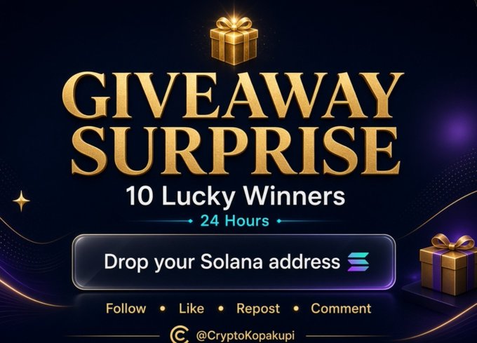 A "Giveaway Surprise" promotion graphic by @CryptoKopakupi features a golden gift box and announces 10 lucky winners to be selected in 24 hours, prompting viewers to drop their Solana ($SOL) address in the comments after following, liking, and reposting.