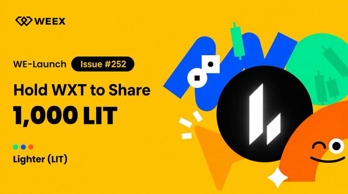 A yellow promotional graphic for WEEX's WE-Launch Issue #252 announcing 'Hold WXT to Share 1,000 LIT' featuring a black WXT token logo surrounded by colorful abstract shapes.