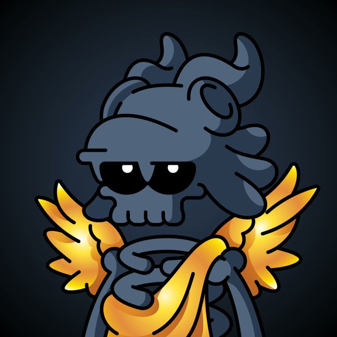 A cartoon-style dark gray horned skull character with black sunglasses holds golden laurel branches or wings crossed in front of it.