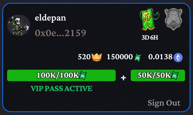 A digital account profile card for "eldepan" showing wallet address 0x0e...2159, a 3D 6H VIP badge, and balances including 520 tokens, 150000 green items, and 0.0138 ETH.