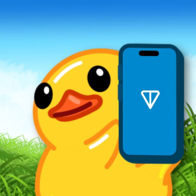 A cartoon yellow duck holds up a smartphone displaying the Telegram logo, illustrating the post's message about Telegram's integration enabling over 1 billion users to easily access memecoins like $UTYA on the TON blockchain.