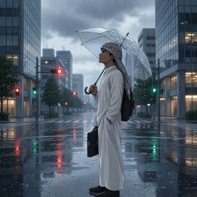 An anime-style digital illustration of a man wearing a white robe and keffiyeh standing in the rain on a city street, holding a transparent umbrella and a black bag, with wet pavement reflecting city lights.