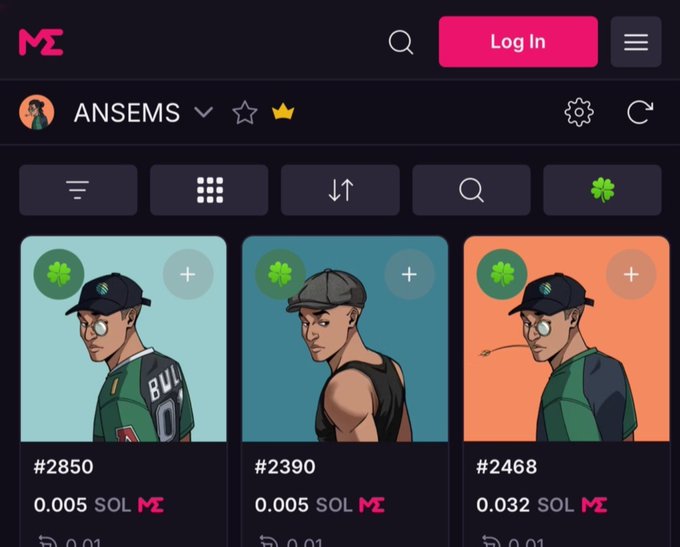 Screenshot of an NFT marketplace displaying a collection by 'ANSEMS' with three visible cartoon-style character profile pictures listed at #2850, #2390, and #2468, priced in SOL.