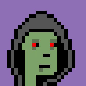 A heavily pixelated image showing a green face with red eyes set against a dark hooded silhouette on a purple background.