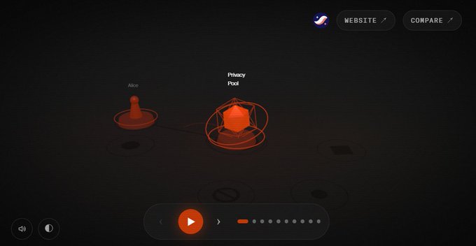 A dark, futuristic interface displays a "Privacy Pool" highlighted in glowing orange as a 3D cube surrounded by orbiting rings, contrasting with a smaller red cone labeled "Mix" to its left. The design visualizes the simplified, user-friendly privacy and mixing tools being discussed, with navigation buttons for "WEBSITE" and "COMPARE" at the top right.