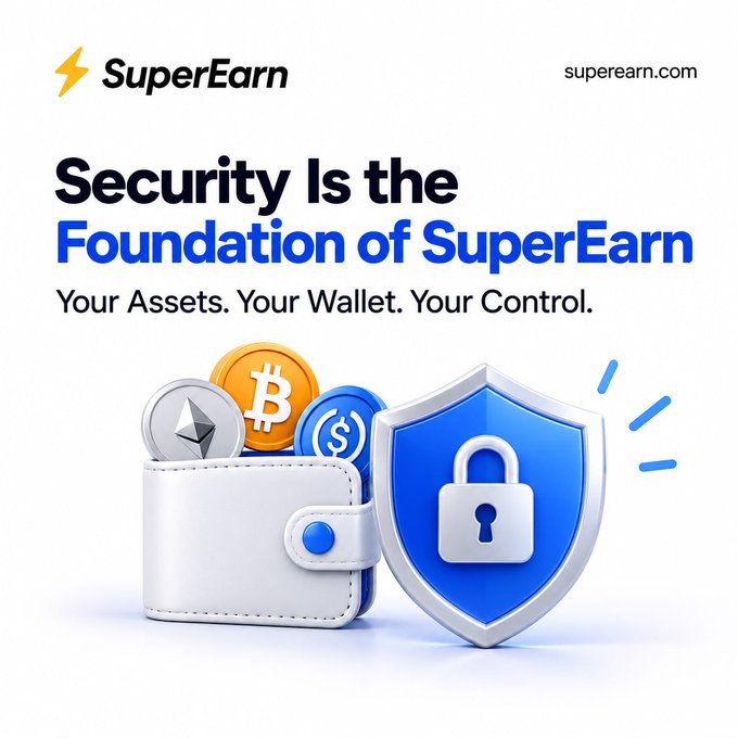 A promotional graphic for SuperEarn displaying the tagline 'Security Is the Foundation of SuperEarn' and 'Your Assets. Your Wallet. Your Control.' alongside a 3D illustration of a wallet containing cryptocurrency coins next to a blue shield with a padlock.