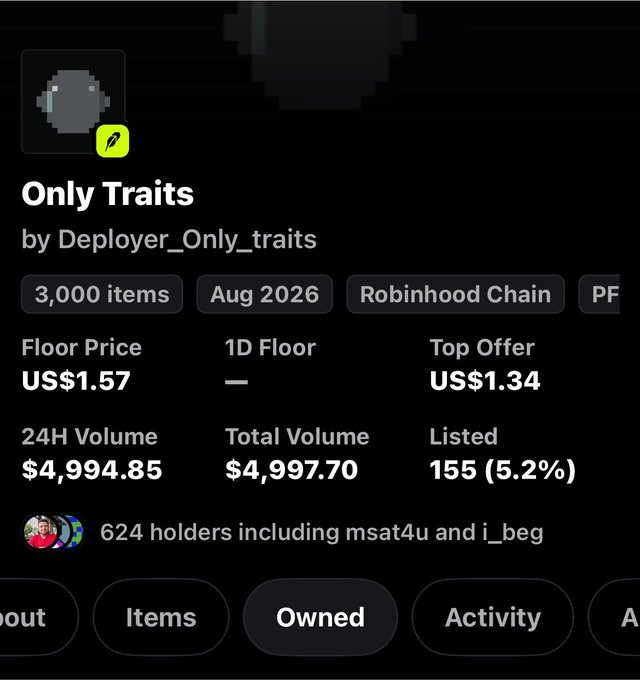 An NFT collection page on Robinhood Chain titled 'Only Traits' by Deployer_Only_traits, showing 3,000 items, a floor price of US$1.57, and a top offer of US$1.34, with 624 holders.