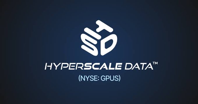The image displays the Hyperscale Data logo with its ticker symbol "NYSE: GPUS" on a dark blue background. It relates to the accompanying post announcing the company's recent Bitcoin purchase of 18.59 BTC, bringing its total holdings to 1,106.04 BTC.