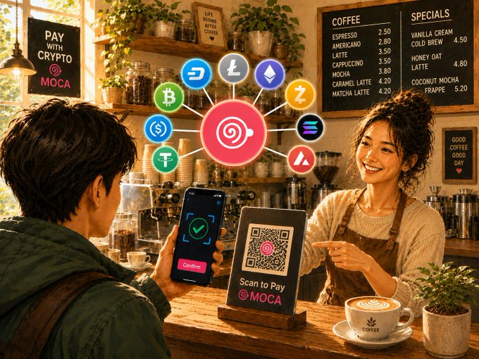 The image shows a man and woman at a coffee shop using their phones for payment. The man is holding his phone up to pay with a QR code while the woman looks on. They are surrounded by various items, including potted plants, cups of coffee, and other customers in the background. The scene suggests that they might be using an app or service like MocaPay to make their transaction more convenient and secure.