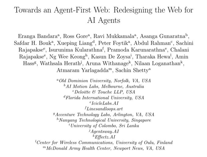 The title page of an academic paper titled 'Towards an Agent-First Web: Redesigning the Web for AI Agents,' listing numerous authors from various universities and organizations.