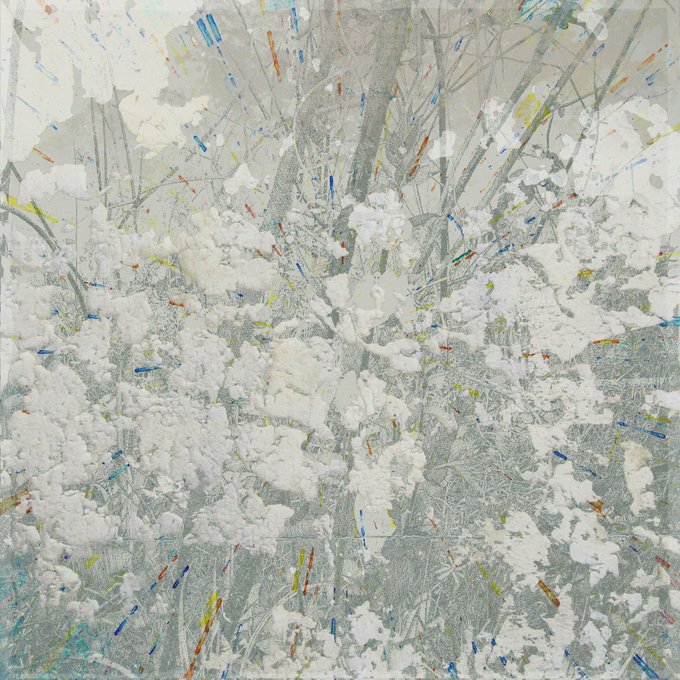 The image features a painting with white flowers scattered throughout the canvas. The artist has used various shades of blue, green, yellow, and red to create an abstract representation of nature's beauty. The colors are vibrant and diverse, adding depth and complexity to the artwork. The painting is displayed on a wall, making it a focal point in the room where it is hung.