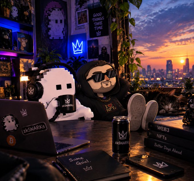 A vibrant digital artwork shows a stylized character wearing sunglasses alongside a pixel-art ghost mascot, surrounded by zkSNARKs and Web3/NFTs branded items with a city sunset view in the background.