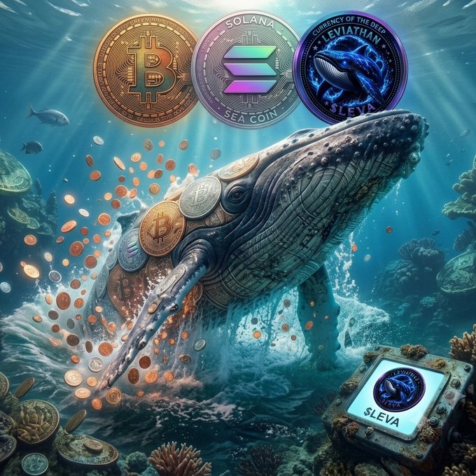 A colossal whale surfaces from deep ocean waters, its body adorned with Bitcoin and Solana coins, while flooding the surrounding sea with treasure and a "$LEVA" emblem—visually embodying the post's claim that Bitcoin laid the foundation, Solana built the ocean, and "$LEVA" now rises as the Titan to conquer the crypto depths.