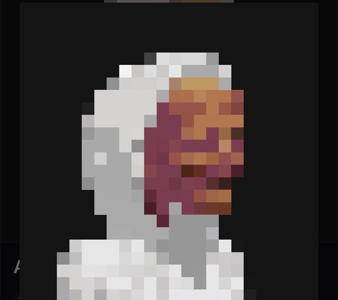 Highly pixelated, low-resolution image of a white humanoid figure with a reddish-brown face on a black background.