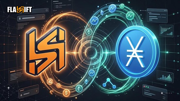 A graphic displays the 'FLAKSIFT' logo alongside the X (formerly Twitter) blue logo against a glowing green and orange circular tech-themed background.