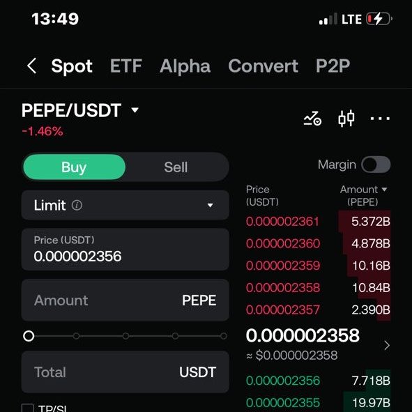 A mobile trading screen displays the PEPE/USDT pair on a crypto exchange, showing a current price of approximately 0.000002358 USDT, with the order book indicating that 1 billion PEPE would cost around $2,358. The image illustrates the post's point about the dramatic decline in PEPE's value, contrasting its 2024 peak of $25,000+ per billion tokens to the current ~$2,000+ value.
