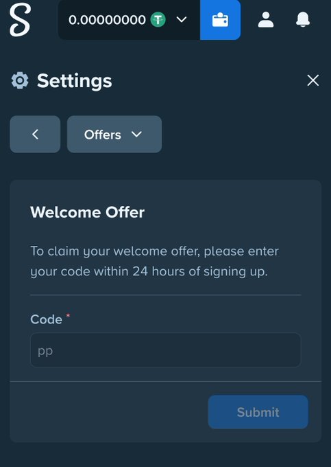 A settings screen for a cryptocurrency or betting site showing a 'Welcome Offer' section with a code entry field containing 'pp' and a 'Submit' button, with a balance of 0.00000000 T displayed at the top.