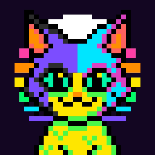 A colorful pixel art portrait of a cat with vibrant rainbow segments and large, expressive green eyes.