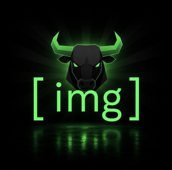 A stylized black bull's head with glowing green horns is displayed above the text "[img]" in green, set against a dark background with a reflective floor. The image's geometric bull design and "[img]" text directly represent the $IMG crypto token mentioned in the post, symbolizing a bullish crypto market sentiment.