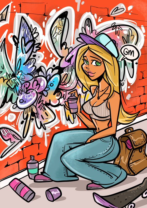 A blonde girl wearing a purple cap sits against a graffiti-covered brick wall with butterflies, holding a spray paint can, as a speech bubble says "GM," capturing the post's message to greet the morning and inspire creativity for a beautiful day.