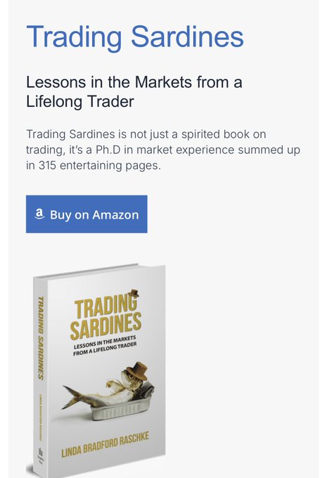 An advertisement for the book 'Trading Sardines: Lessons in the Markets from a Lifelong Trader' by Linda Bradford Raschke, featuring a 'Buy on Amazon' button and an image of the book cover showing a sardine wearing a hat.