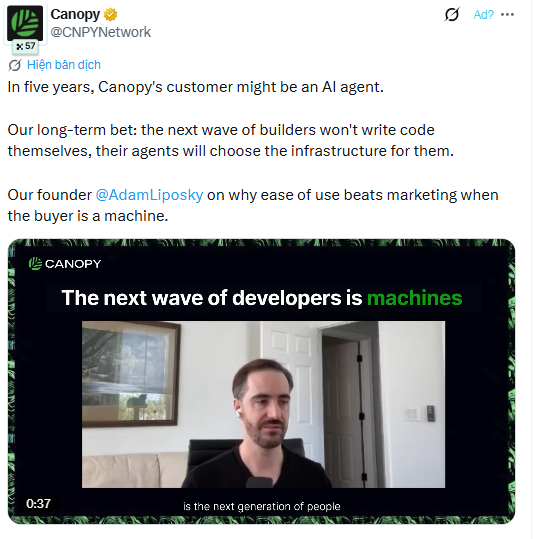 A tweet from Canopy (@CNPYNetwork) predicting that in five years, AI agents will be their customers and will choose infrastructure for developers, featuring a 0:37 video clip of founder @AdamLiposky with the headline "The next wave of developers is machines," shared by a user reminding community members to complete daily tasks and update points ahead of an upcoming TGE announcement.