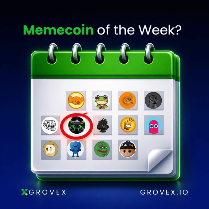 A promotional graphic titled "Memecoin of the Week?" displaying a calendar with various coin mascots, with a green bull circled in red, branded "GROVEX" and "GROVEX.IO".