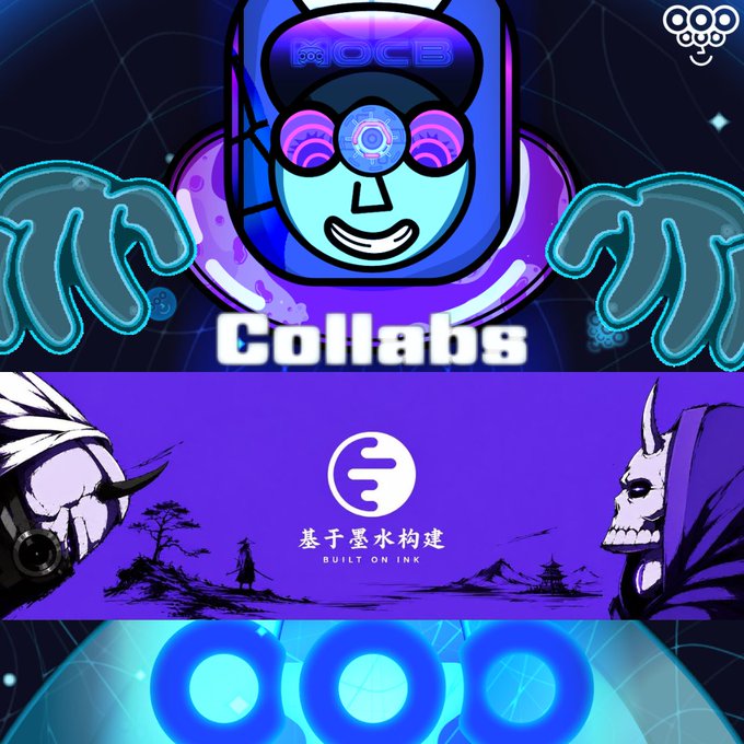 A promotional graphic with a purple and blue color scheme featuring a robot-like character, the word 'Collabs,' and logos for 'Ink' and 'BUILT ON INK' alongside various character illustrations.