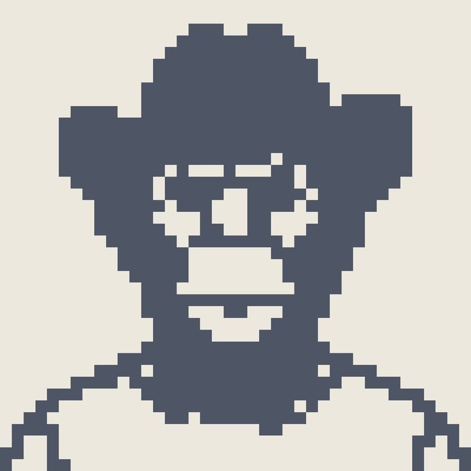 A pixel art portrait of a dark-skinned figure wearing a flat cap and glasses, rendered in blue tones on a beige background.