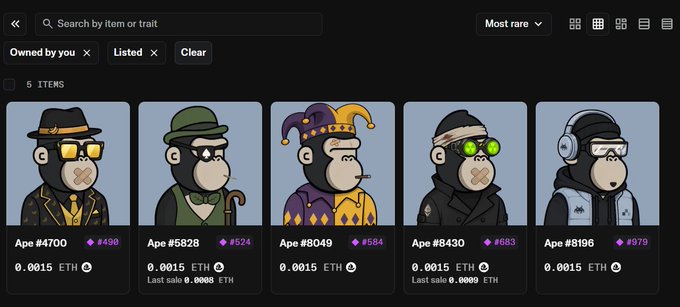 A dark-themed NFT marketplace interface showing five ape-style profile pictures (Bored Ape Yacht Club style) listed at 0.0015 ETH each, including Ape #4700, Ape #5828, Ape #8049 (jester), Ape #8430, and Ape #8196.