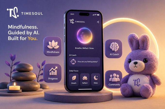 Marketing image for TIMESOUL, an AI mindfulness app, featuring a smartphone displaying its interface alongside a purple bunny plushie and icons for Mindfulness, AI Coach, Progress, and Community, with the tagline 'Mindfulness. Guided by AI. Built for You.'