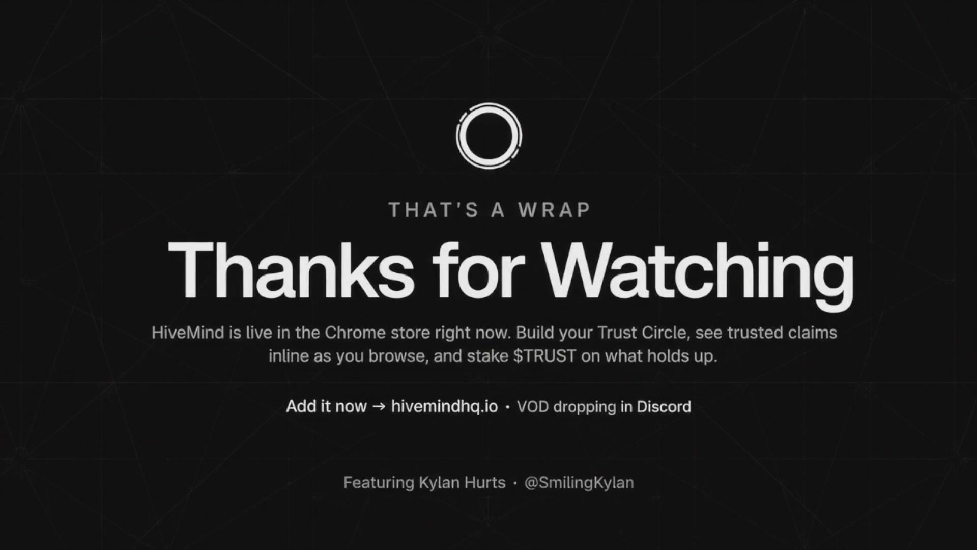 The image features a black background with white text that reads "That's a wrap" followed by a list of reasons for watching the video. The text also includes mentions of "HiveMindHQ", "@SmilingKylan", and "@HiveMindHQ_io". These elements suggest that the post is related to a live stream or a video featuring a specific person, likely discussing a topic such as gaming, streaming, or content creation.