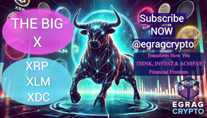 A vibrant YouTube thumbnail featuring a neon bull symbol labeled "THE BIG X" promotes analysis of XRP, XLM, and XDC, with a "Subscribe NOW @egragcrypto" call-to-action encouraging viewers to explore the posted charts and price predictions for these cryptocurrencies.