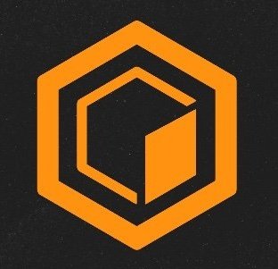 An orange hexagon logo containing a stylized 3D cube design on a black background.