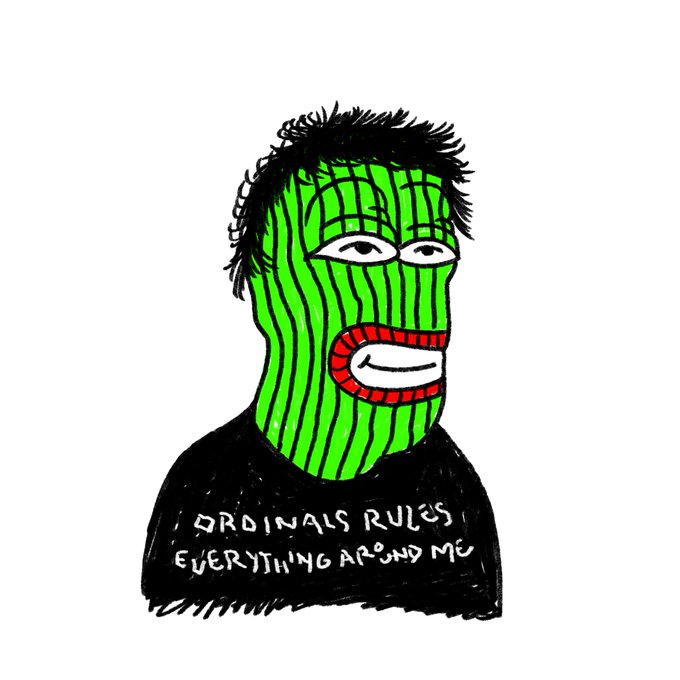 A hand-drawn illustration features a figure with a green-striped face, red lips, and spiky black hair, wearing a black shirt with the text 'ORDINALS RULES EVERYTHING AROUND ME'.