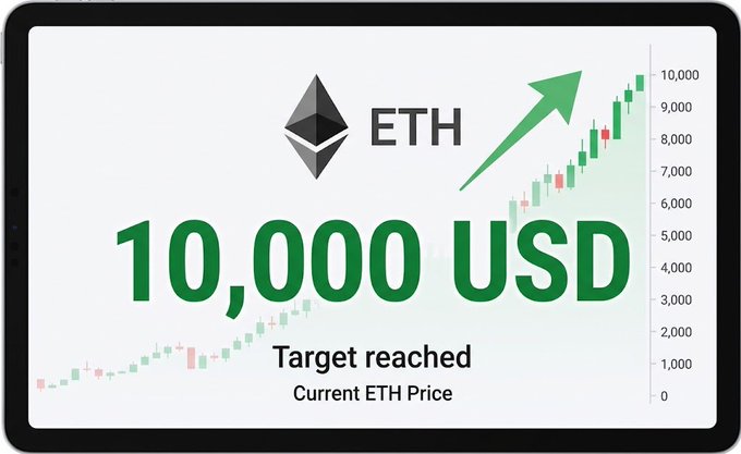 A graphic showing the Ethereum (ETH) logo beside an upward-trending candlestick chart, with bold text reading "10,000 USD — Target reached," illustrating Arthur Hayes' prediction that ETH could hit $10,000 by year-end if the Federal Reserve is forced to resume massive money printing.